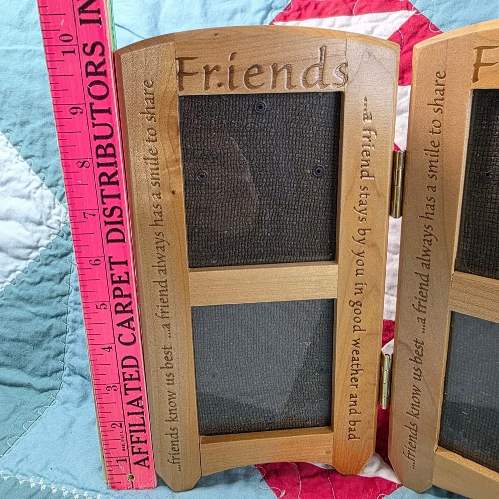 Friends Double Hinged Wood Picture Frame Excellent Engraved Quote Holds 4 Photos